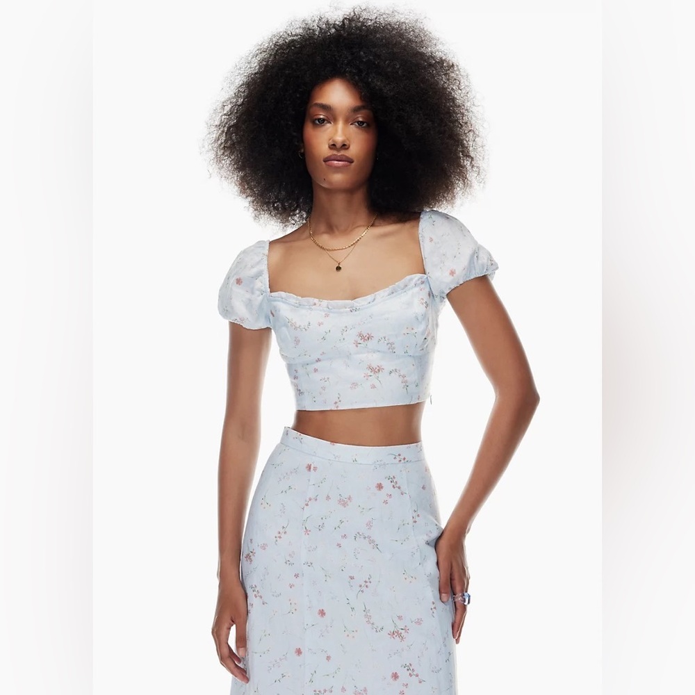 Aritzia Wilfred Wander Organic Linen Light Blue Floral Boho Puff Sleeve Sz XS